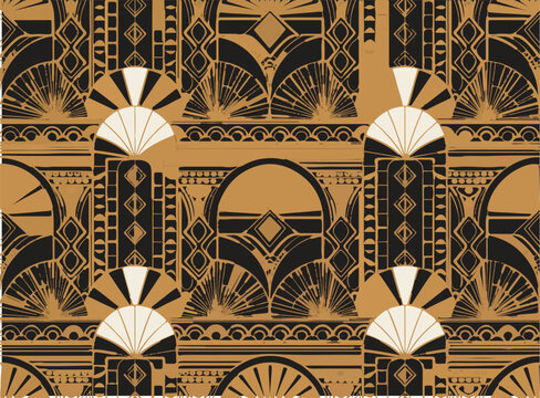 Deco geometric pattern with fan motifs, arches, and diamond shapes in black, gold, and cream