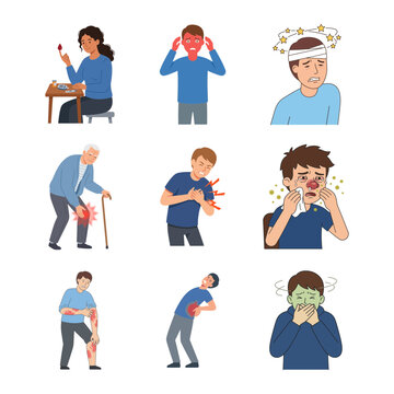 Set of vector illustrations featuring various people suffering from common illnesses and bodily pain