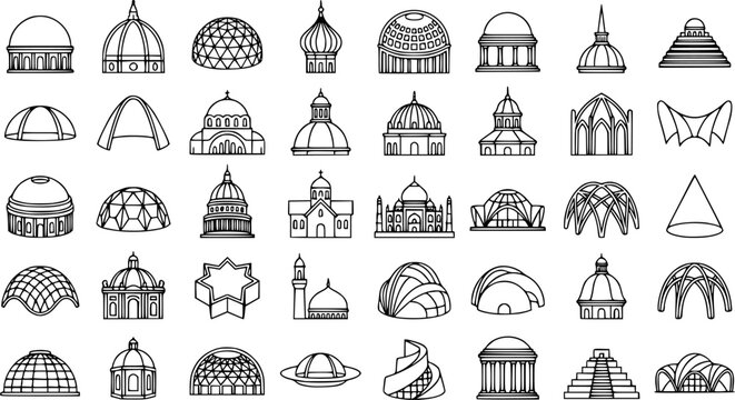 Dome & Rotunda Outline Icon Set. Collection of structural elements line icons, including dome & rotunda, structural element shapes, and more. Editable stroke.