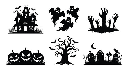 Fototapeta premium Halloween themed vector illustrations featuring haunted house ghosts and graveyard elements