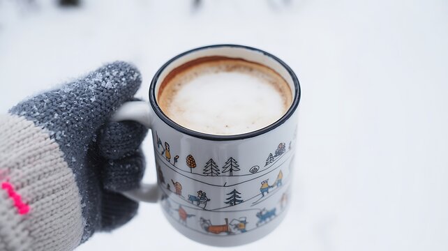 Warm coffee in a decorative mug with knitted winter gloves on a white surface