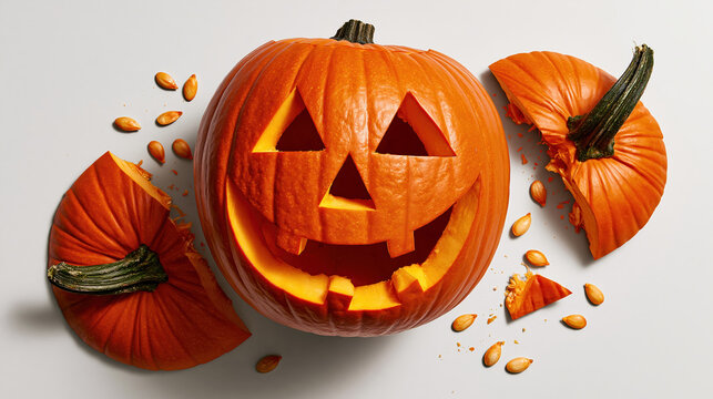 Carved pumpkin with glowing face shattered across clean white surface, creating dramatic Halloween scene with scattered seeds and pieces