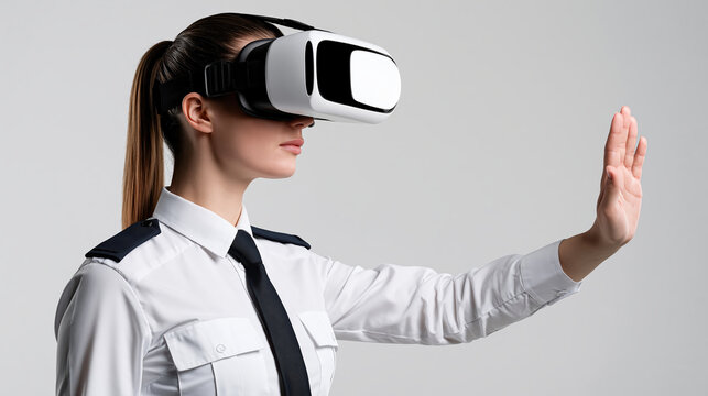 Female police officer wearing standard patrol uniform and virtual reality headset, raising hand in immersive training