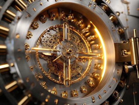 Luxury Golden Bank Vault Door with Intricate Mechanical Gears