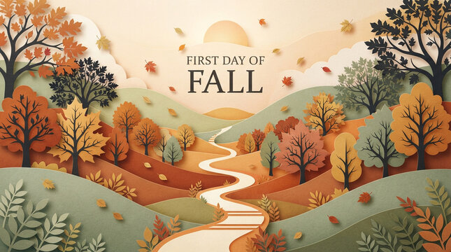 First day of fall paper art background, autumn landscape with paper trees, seasonal illustration, text on trees and hills, template with paper leaves and paper craft, outdoor seasonal wallpaper