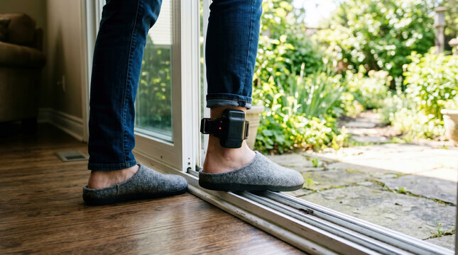 Ankle monitor on person wearing electronic tracking device, standing by sliding glass door, home detention concept.