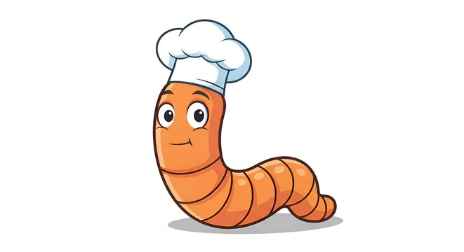 Delightful cartoon chef worm character ready to cook up some smiles, perfect for kids' menus, educational content, or playful food branding projects