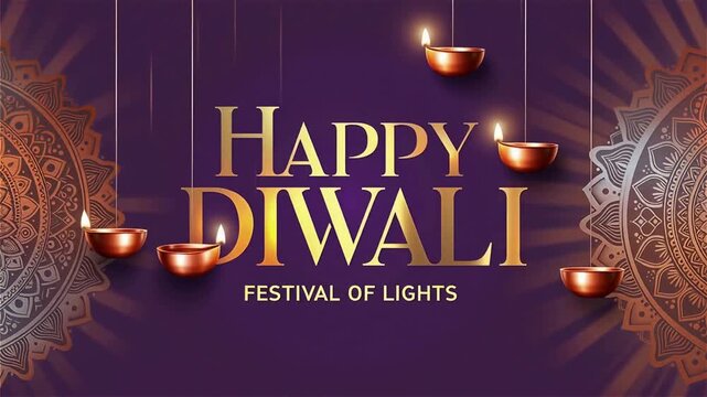 Happy Diwali Festival of Lights Text on Purple Background. Greetings card template with hanging brass diya lamps, intricate mandala pattern, golden typography and traditional Indian celebration