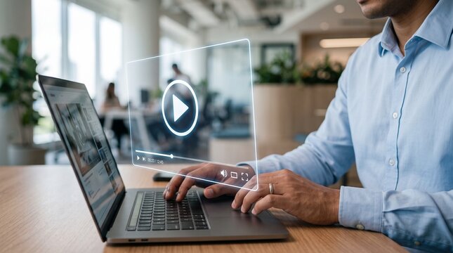 Professional Specialist Working With Digital Multimedia Content on Modern Laptop Screen Interface