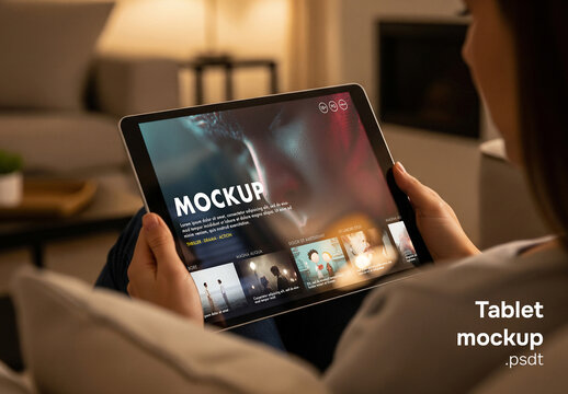 Woman using tablet in livingroom, screen design mockup