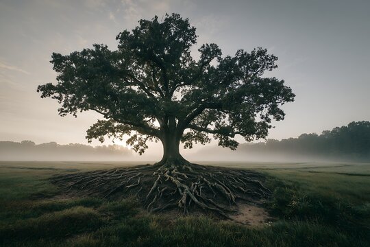 Majestic Ancient Oak Tree with Exposed Roots at Misty Sunrise