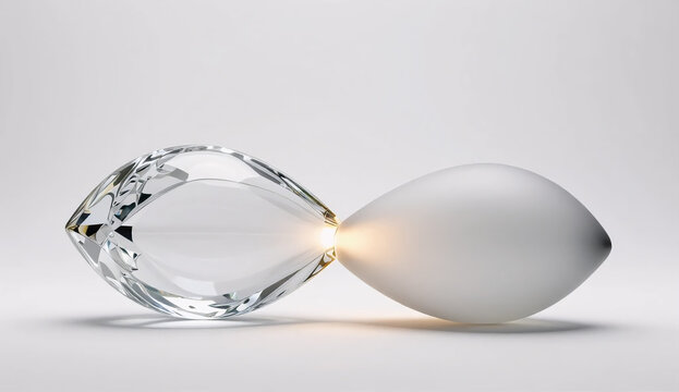 Psychoanalytic balance node: dual interlocking glass drops with glowing golden union core