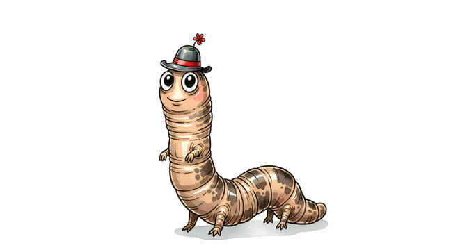 Delightful cartoon caterpillar wearing a stylish hat, a whimsical character conveying joy and innocence, perfect for children's books and playful designs