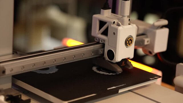 Close-up of a 3d printer head printing a plastic part on the build plate, showing modern manufacturing, precision and technology.