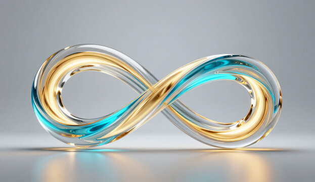 Hypnotic infinite growth knot: optical glass mobius sculpture with glowing gold and cyan fluid optic core