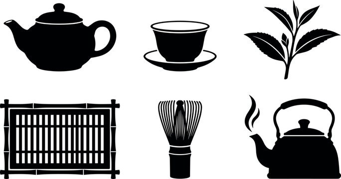 Traditional East Asian tea ceremony silhouette icons vector set featuring teapot cup leaf bamboo tray whisk and kettle.
