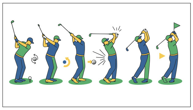 Instructional golf swing sequence with color illustrations shows the step-by-step technique required for professional athletic training and coaching.