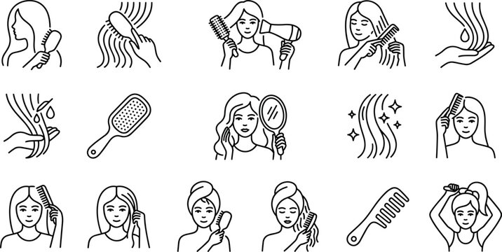 Hair brushing and routine hair care line icon set vector illustration featuring woman characters washing drying combing applying serum oil and styling for beauty salon design