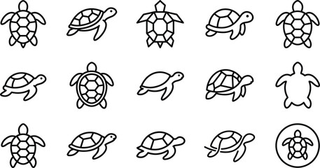 Obraz premium Minimalist sea turtle and tortoise line icon set vector illustration featuring clean black outline symbols of marine reptiles for wildlife conservation logo branding