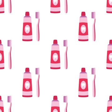 pink toothpaste toothbrush seamless pattern