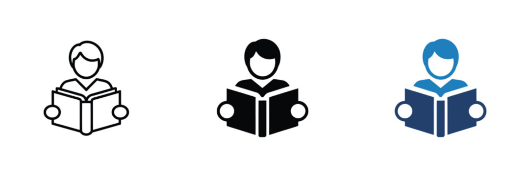 Teacher icon, person reading open book symbol for education, tutor, learning, teaching, study and academic reader vector illustration