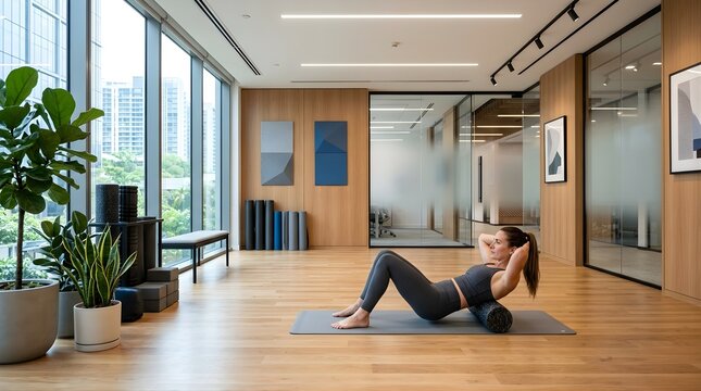 Woman doing core exercise with foam roller in a bright modern office gym