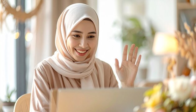 Smiling woman in hijab waving hand while working on laptop at home office.