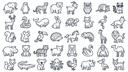 Naklejka premium Wild animal line art collection black monochrome ink style.