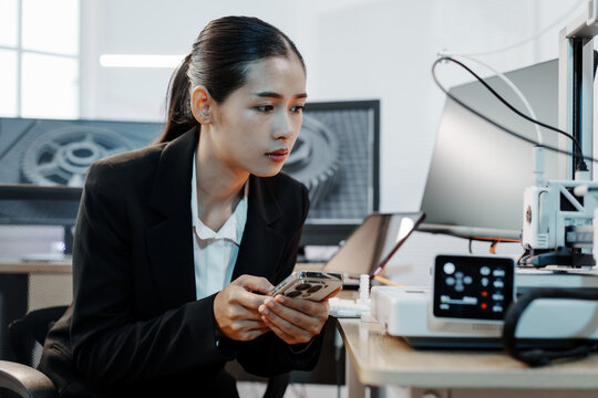 Young businesswoman using smart phone while working near a 3d printer in a modern office lab