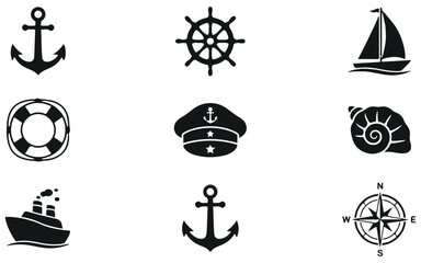 Set of black and white nautical icons featuring anchors ship wheels sailboats lifebuoys captain hats seashells and navigation compass symbols © RIPA