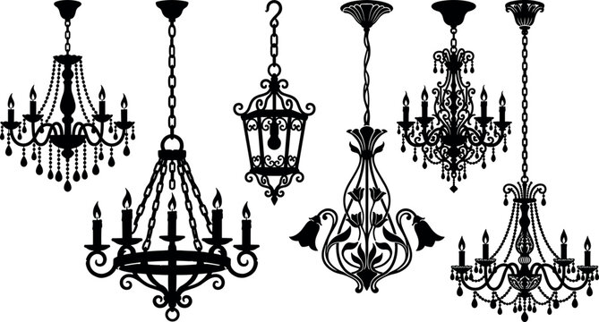 Vintage chandelier silhouette vector icon set featuring baroque crystal candelabras classic ceiling pendant lights and ornate hanging lanterns.