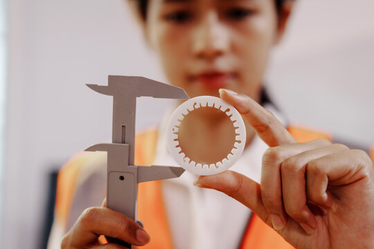 Close-up of a worker using a caliper to measure a white plastic gear part during quality inspection in a factory setting