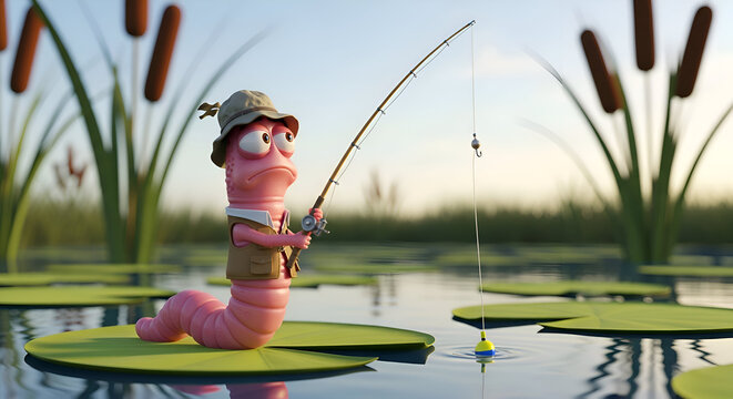 Funny cartoon worm enjoys a relaxing fishing trip on the pond, perfect for children's books or lighthearted content about nature and outdoor activities
