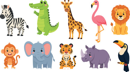 Obraz premium Cute Jungle Animal Sticker Set with Adorable Cartoon Safari Characters Including Lion Elephant Giraffe Flamingo and Zebra for Kids Vector Graphic Designs