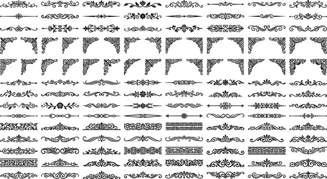 Vintage ornamental divider and decorative corner border mega vector set featuring filigree swirls floral elements and classical frames.