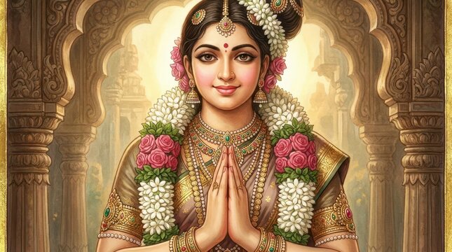 Beautiful Indian woman in traditional attire greeting with folded hands