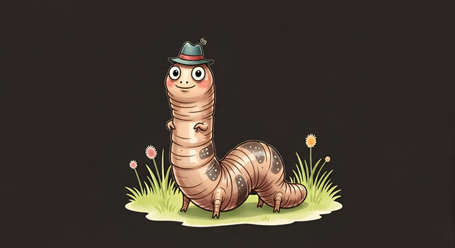 Delightful cartoon worm with a charming hat standing cheerfully among colorful flowers and grass in a whimsical garden setting for children's content