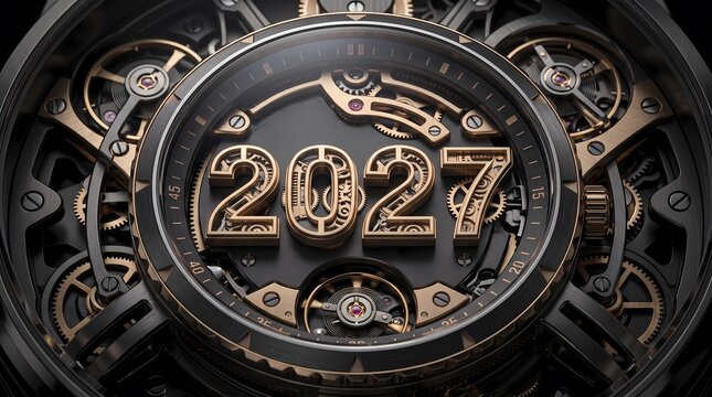 Intricate Mechanical Clockwork Watch Face Displaying the Year 2027