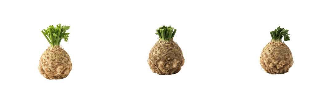 Set of fresh organic celeriac celery root raw vegetables with green stems isolated background healthy culinary food ingredient agriculture harvest visual design element cutouts graphic
