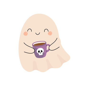 Cute ghost holding mug with skull. Halloween character in simple style for seasonal, autumn design.