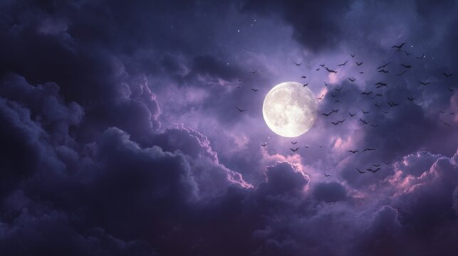 Full moon shining behind thick purple clouds with flying bats for dark gothic night atmosphere.