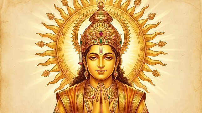 Divine Hindu deity portrait with golden sun halo and prayer hands posture