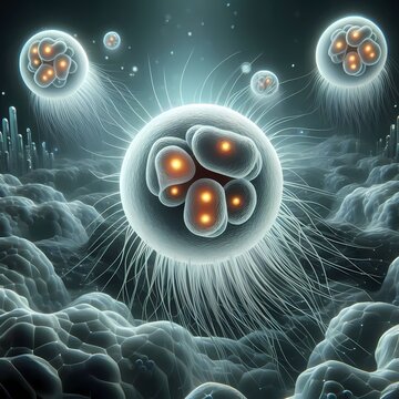 A photorealistic 3D render of stylized prokaryotic cells with perfect textures floating against a sterile dark background like alien crystals, Ai generated image