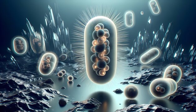 A photorealistic 3D render of stylized prokaryotic cells with perfect textures floating against a sterile dark background like alien crystals, Ai generated image