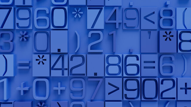Close-Up of Textured Surface Featuring Randomly Arranged Blue and Gray Geometric Shapes with Numbers and Symbols on Solid Blue Background for Graphic Design and Digital Art Projects