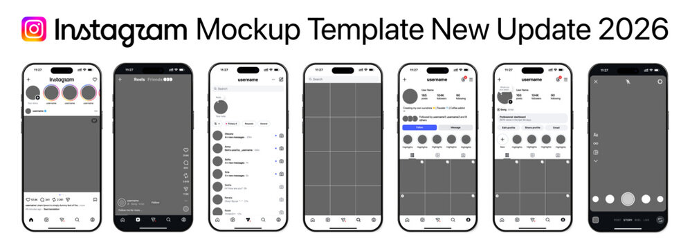 NEW Instagram 2026 mockup. Set instagram screen social media and social network interface template. Instagram photo frame, liked, feed, profile and search.