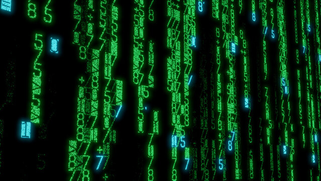 Complex Green Text Mosaic with Varied Character Sizes and Orientations on Black Background for Digital Art and High-Tech Visuals