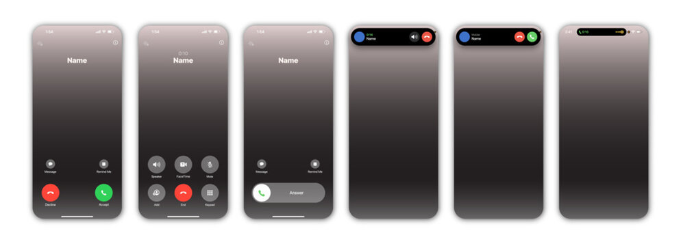 A set of six smartphone screen mockups displaying various user interfaces for incoming and active cellular phone calls, including full-screen and top banner notification designs.