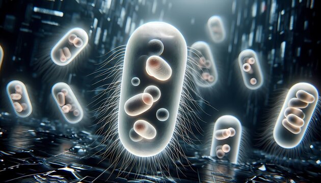 A photorealistic 3D render of stylized prokaryotic cells with perfect textures floating against a sterile dark background like alien crystals, Ai generated image