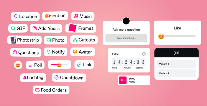 Instagram Story interface badge. Stories tool sticker. Blogging set. Location, mention, avatar, poll, countdown, link, quiz hashtag, music icons. Vector illustration.